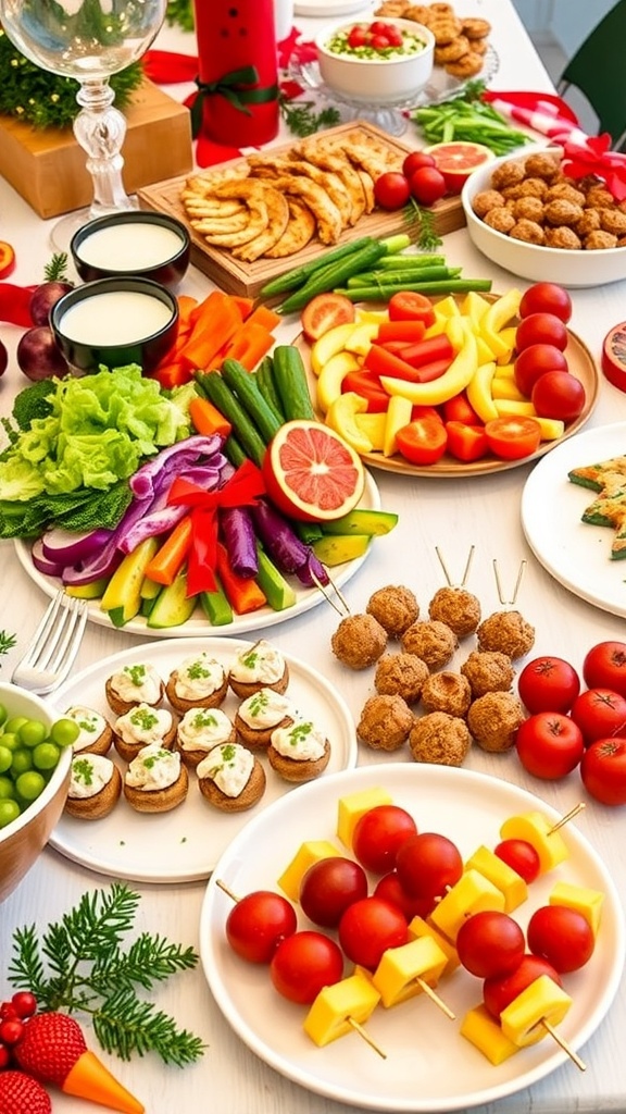 A healthy Christmas party food spread with vegetables, stuffed mushrooms, meatballs, and fruit skewers.